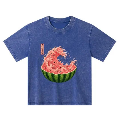 Tokyo-Tiger Watermelon Wave Summer Ukiyo Art Kids Washed T-Shirt