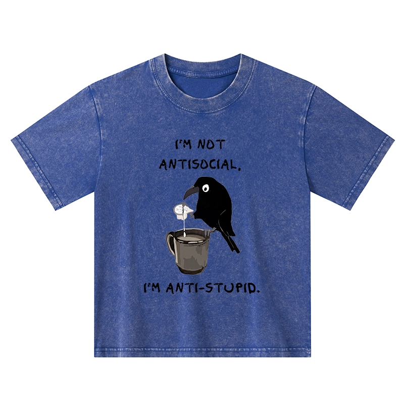 Tokyo-Tiger Cool Crow Sips Calm Coffee Alone Kids Washed T-Shirt