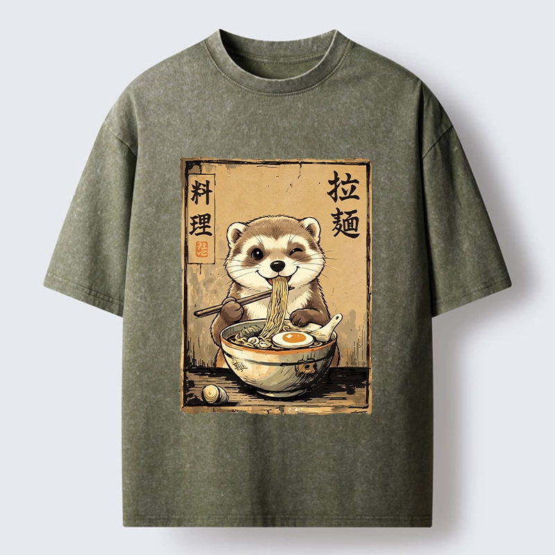 Tokyo-Tiger Ferret Eating Hot Ramen Washed T-Shirt