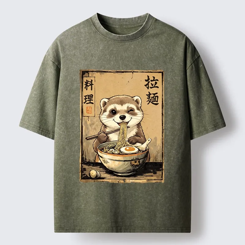 Tokyo-Tiger Ferret Eating Hot Ramen Washed T-Shirt