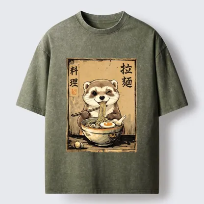 Tokyo-Tiger Ferret Eating Hot Ramen Washed T-Shirt