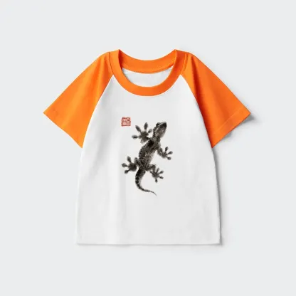 Tokyo-Tiger Minimal Asian Ink Brush Gecko Vibe Kids Raglan T-shirt