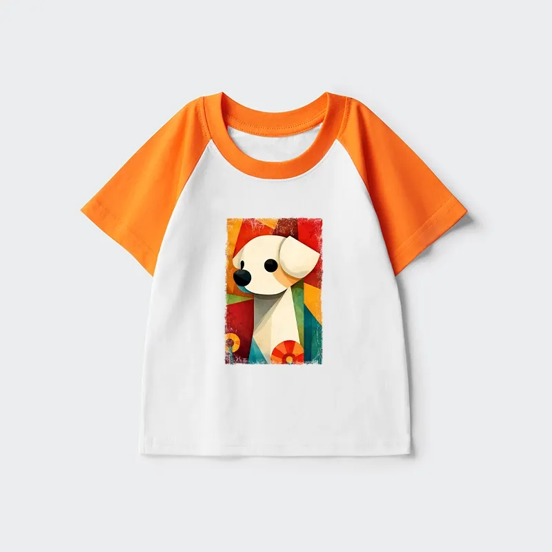 Tokyo-Tiger Retro Abstract Color Block Puppy Art Kids Raglan T-shirt