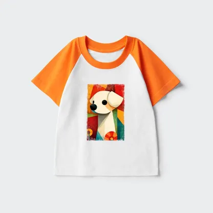Tokyo-Tiger Retro Abstract Color Block Puppy Art Kids Raglan T-shirt