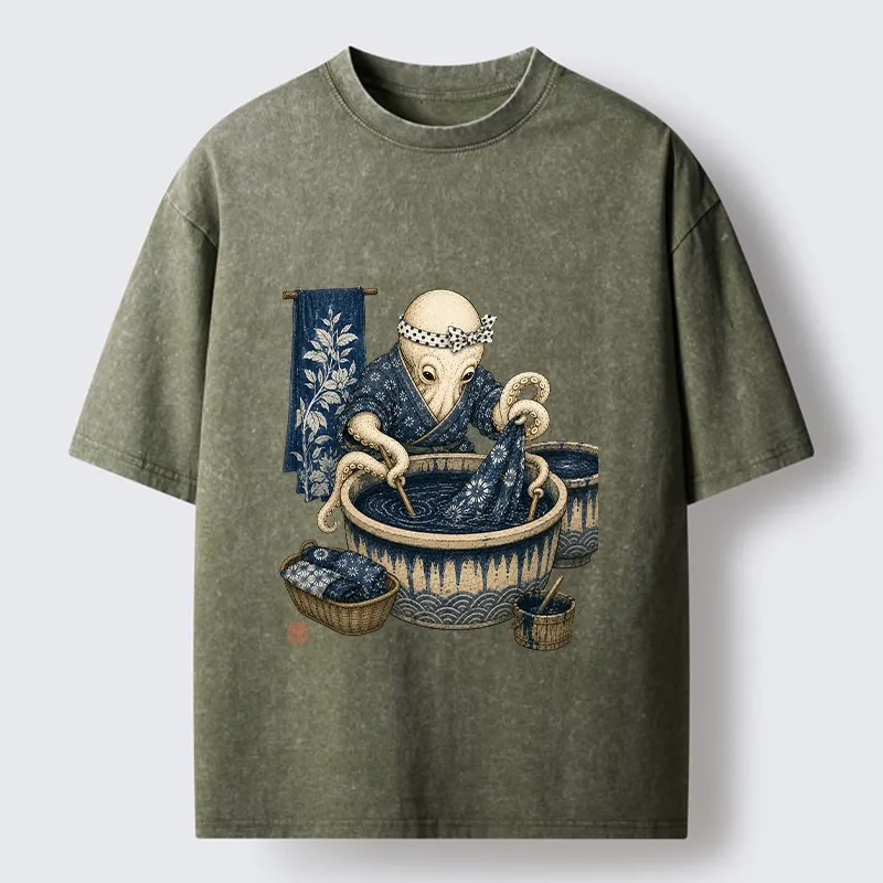 Tokyo-Tiger Kimono Dye Octopus Art Washed T-Shirt