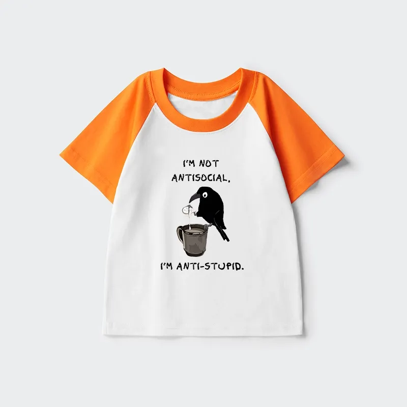 Tokyo-Tiger Cool Crow Sips Calm Coffee Alone Kids Raglan T-shirt