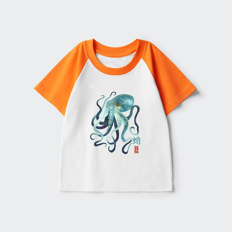 Tokyo-Tiger Soft Watercolor Octopus Japanese Art Kids Raglan T-shirt