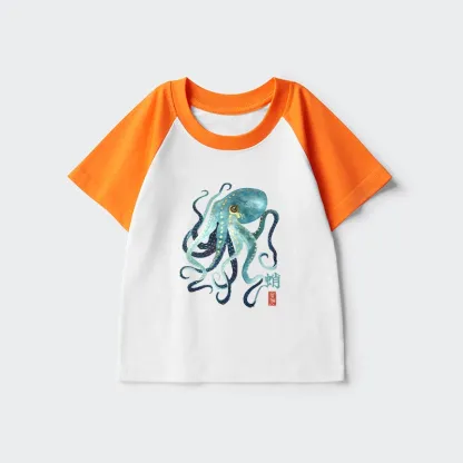 Tokyo-Tiger Soft Watercolor Octopus Japanese Art Kids Raglan T-shirt