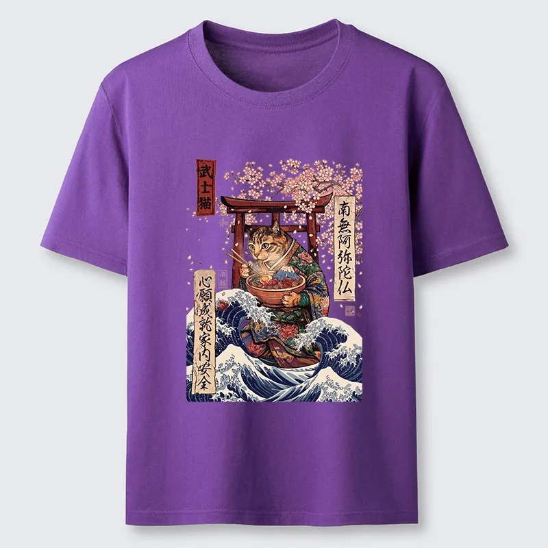 Tokyo-Tiger Samurai Cat Eating Noodles Wave Scene Classic T-Shirt