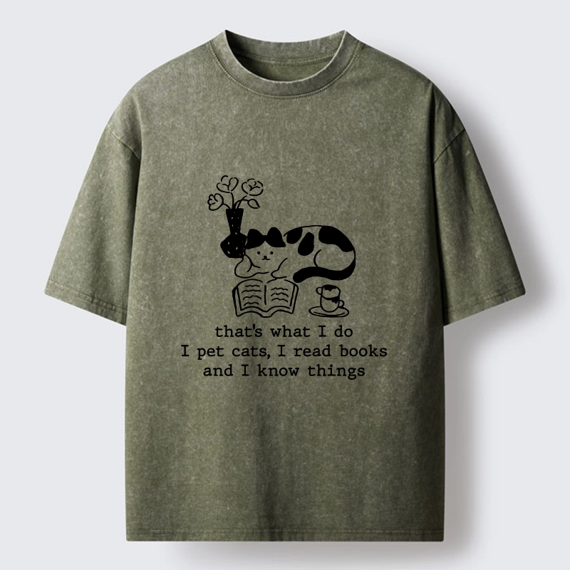 Tokyo-Tiger Book Loving Coffee Cat Washed T-Shirt