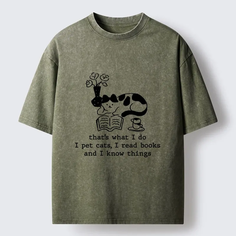 Tokyo-Tiger Book Loving Coffee Cat Washed T-Shirt