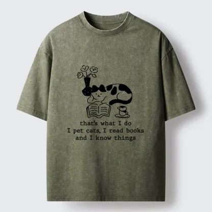 Tokyo-Tiger Book Loving Coffee Cat Washed T-Shirt