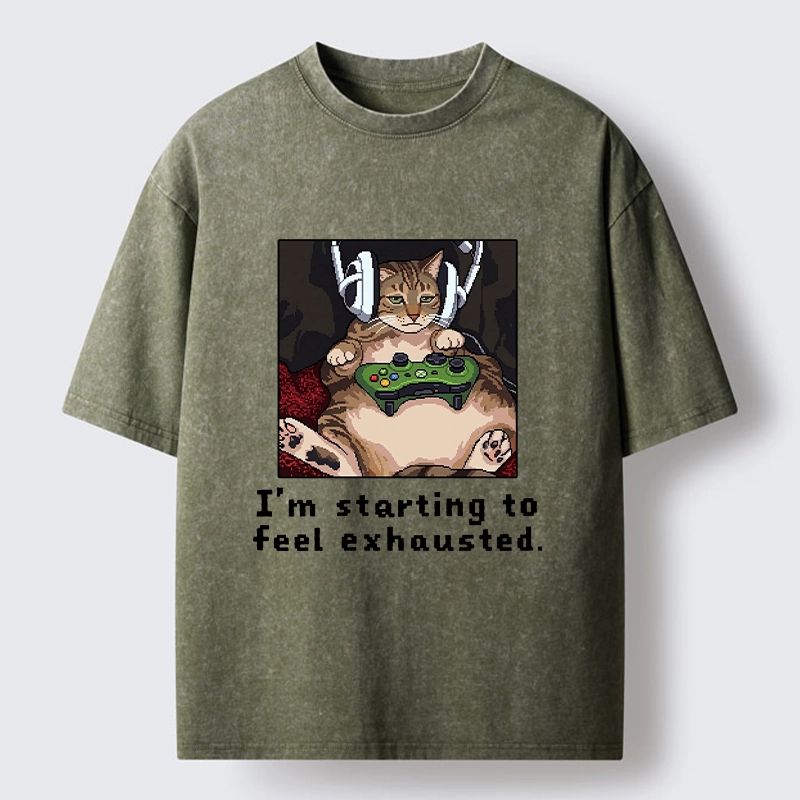 Tokyo-Tiger Exhausted Gamer Cat Washed T-Shirt