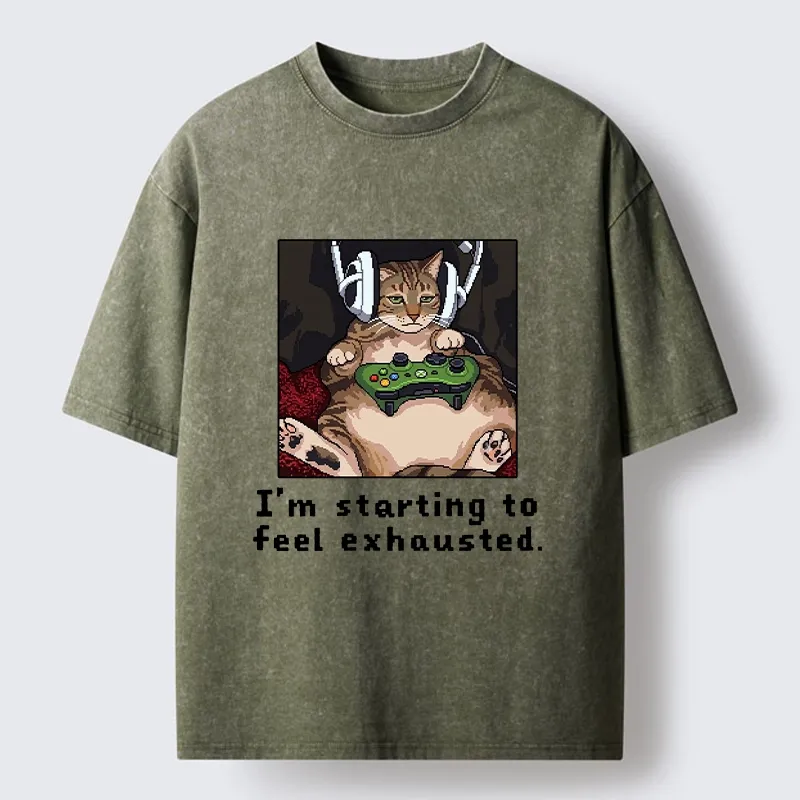 Tokyo-Tiger Exhausted Gamer Cat Washed T-Shirt