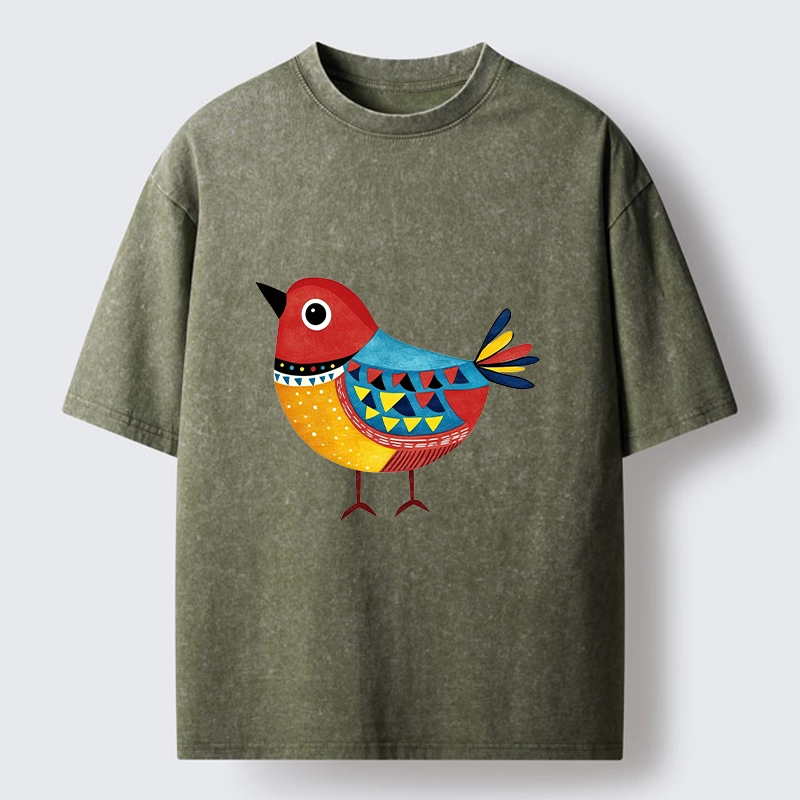 Tokyo-Tiger Folk Art Color Bird Washed T-Shirt