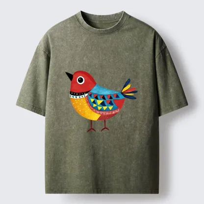 Tokyo-Tiger Folk Art Color Bird Washed T-Shirt