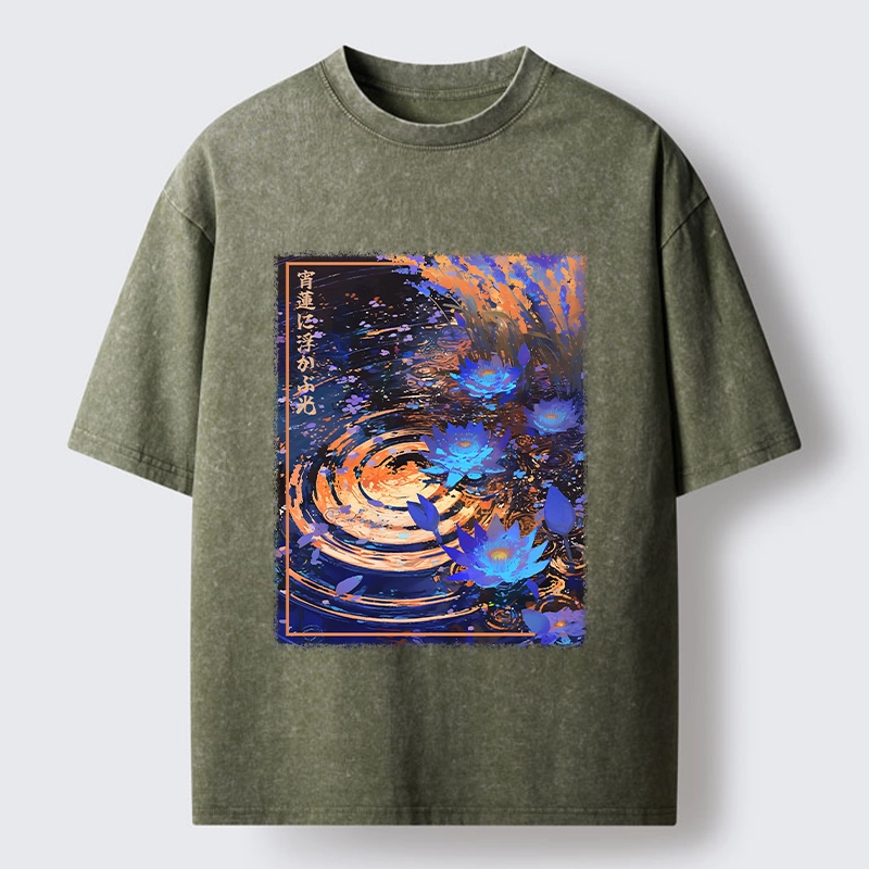 Tokyo-Tiger Night Lotus Water Glow Washed T-Shirt