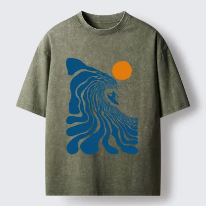 Tokyo-Tiger Retro Wave Surfer Guy Washed T-Shirt