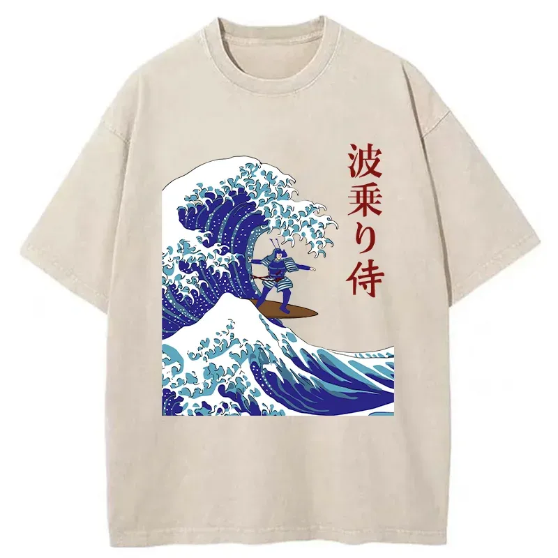 Tokyo-Tiger Funny Samurai Surf Washed T-Shirt