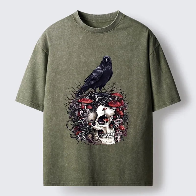 Tokyo-Tiger Crow Skull Mushroom Art Washed T-Shirt