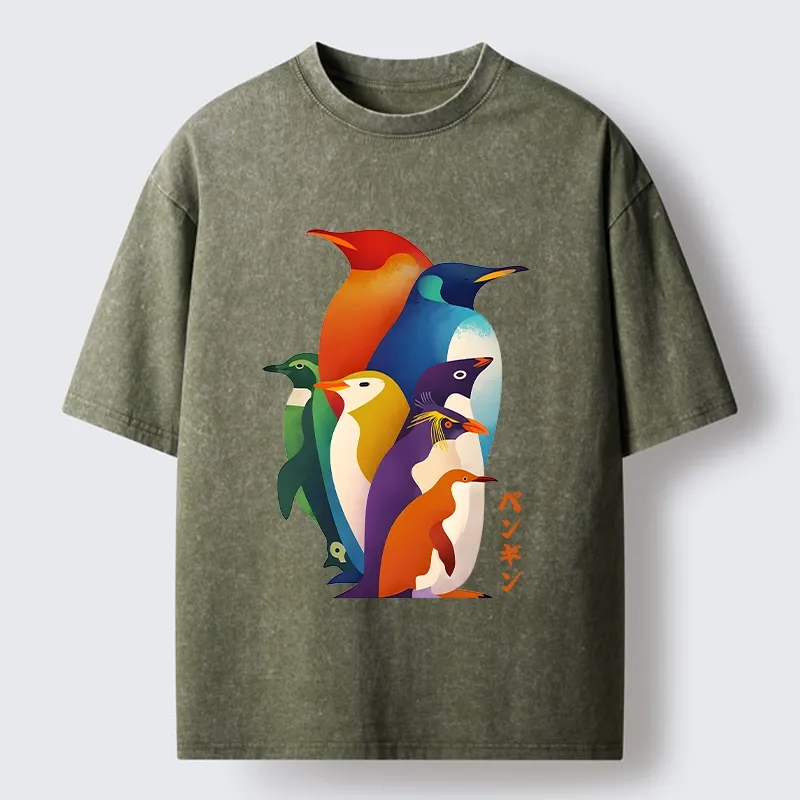 Tokyo-Tiger Cute Multi Tone Penguins Washed T-Shirt