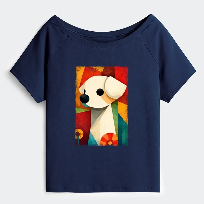 Tokyo-Tiger Retro Abstract Color Block Puppy Art Off Shoulder T-Shirt
