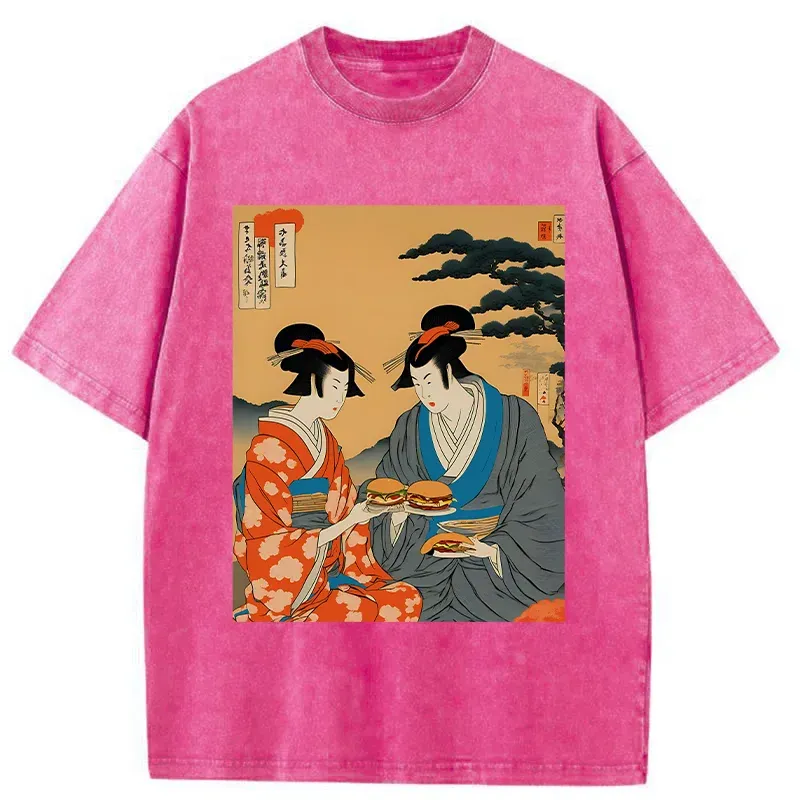 Tokyo-Tiger Geisha Eating Burgers Washed T-Shirt
