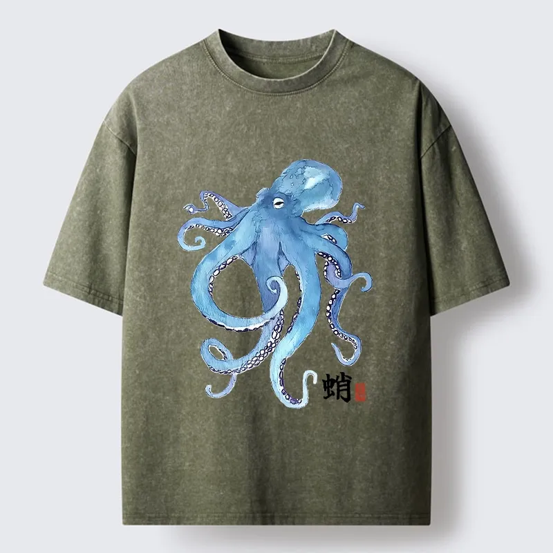 Tokyo-Tiger Watercolor Blue Octopus Washed T-Shirt