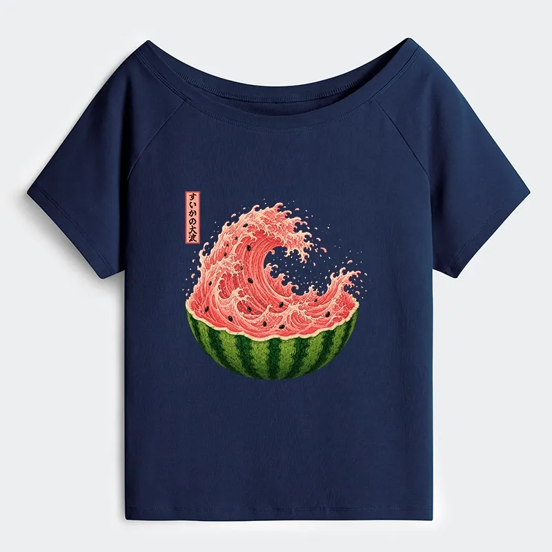 Tokyo-Tiger Watermelon Wave Summer Ukiyo Art Off Shoulder T-Shirt