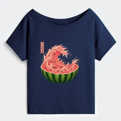 Tokyo-Tiger Watermelon Wave Summer Ukiyo Art Off Shoulder T-Shirt