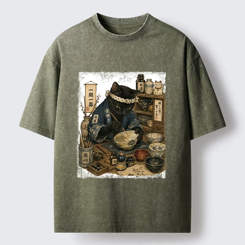 Tokyo-Tiger One Time Meeting Cat Art Washed T-Shirt