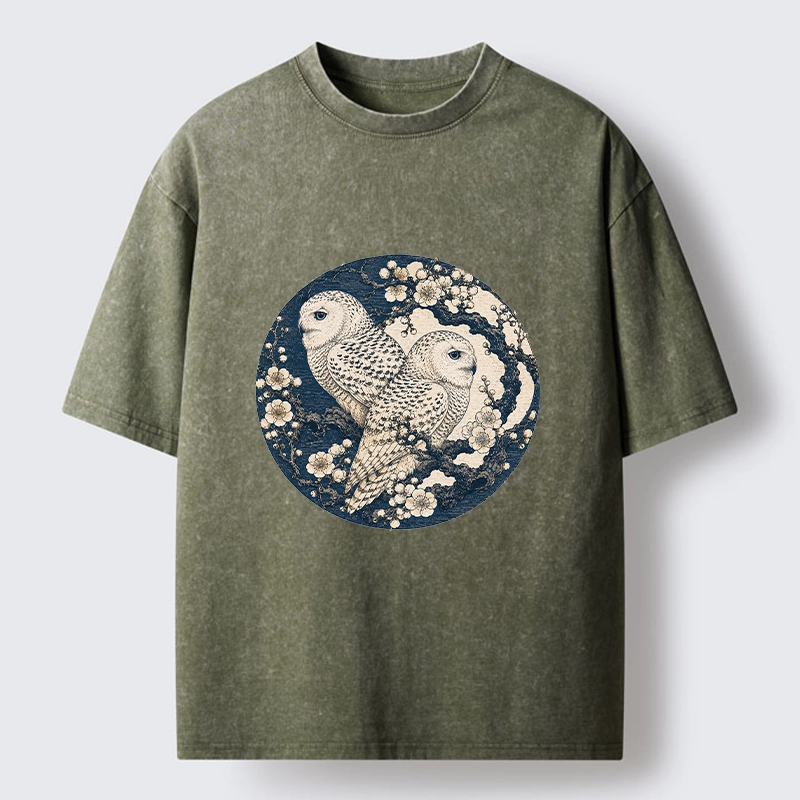 Tokyo-Tiger Snow Owl Plum Blossom Art Washed T-Shirt