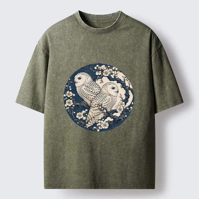 Tokyo-Tiger Snow Owl Plum Blossom Art Washed T-Shirt