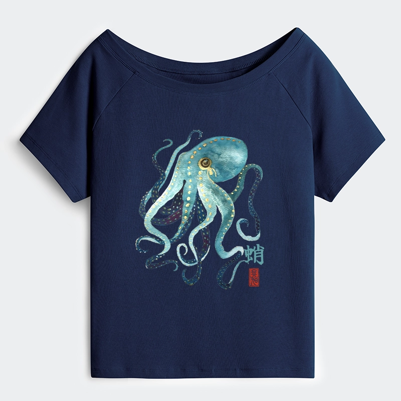 Tokyo-Tiger Soft Watercolor Octopus Japanese Art Off Shoulder T-Shirt