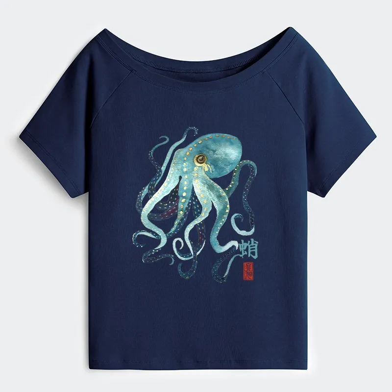 Tokyo-Tiger Soft Watercolor Octopus Japanese Art Off Shoulder T-Shirt