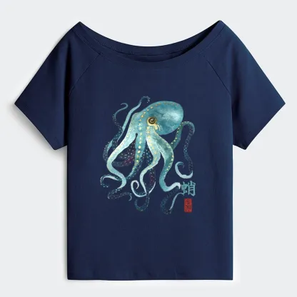 Tokyo-Tiger Soft Watercolor Octopus Japanese Art Off Shoulder T-Shirt