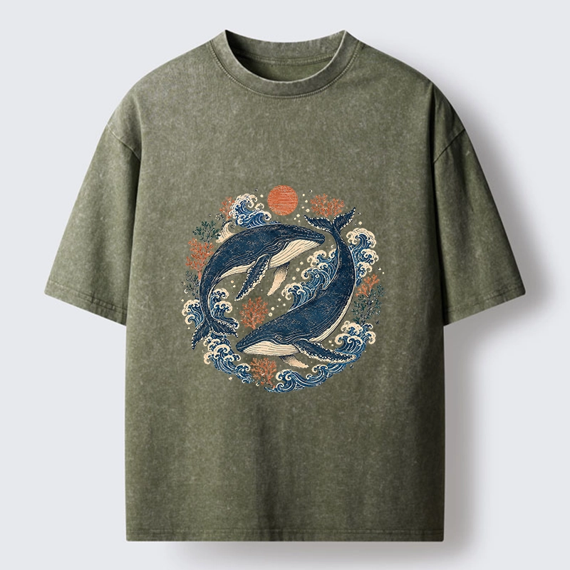 Tokyo-Tiger Twin Whale Wave Ukiyo Washed T-Shirt
