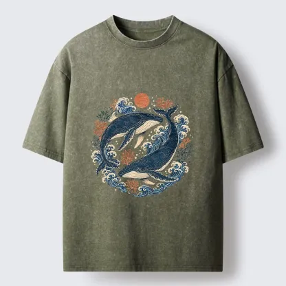 Tokyo-Tiger Twin Whale Wave Ukiyo Washed T-Shirt