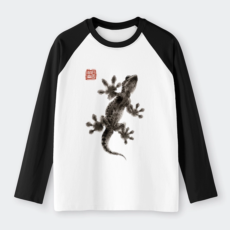 Tokyo-Tiger Minimal Asian Ink Brush Gecko Vibe Raglan Long Sleeve T-shirt