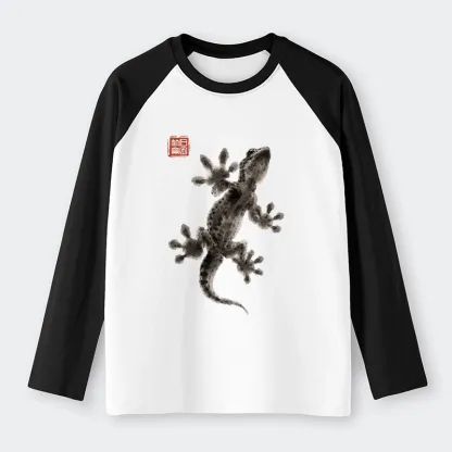 Tokyo-Tiger Minimal Asian Ink Brush Gecko Vibe Raglan Long Sleeve T-shirt