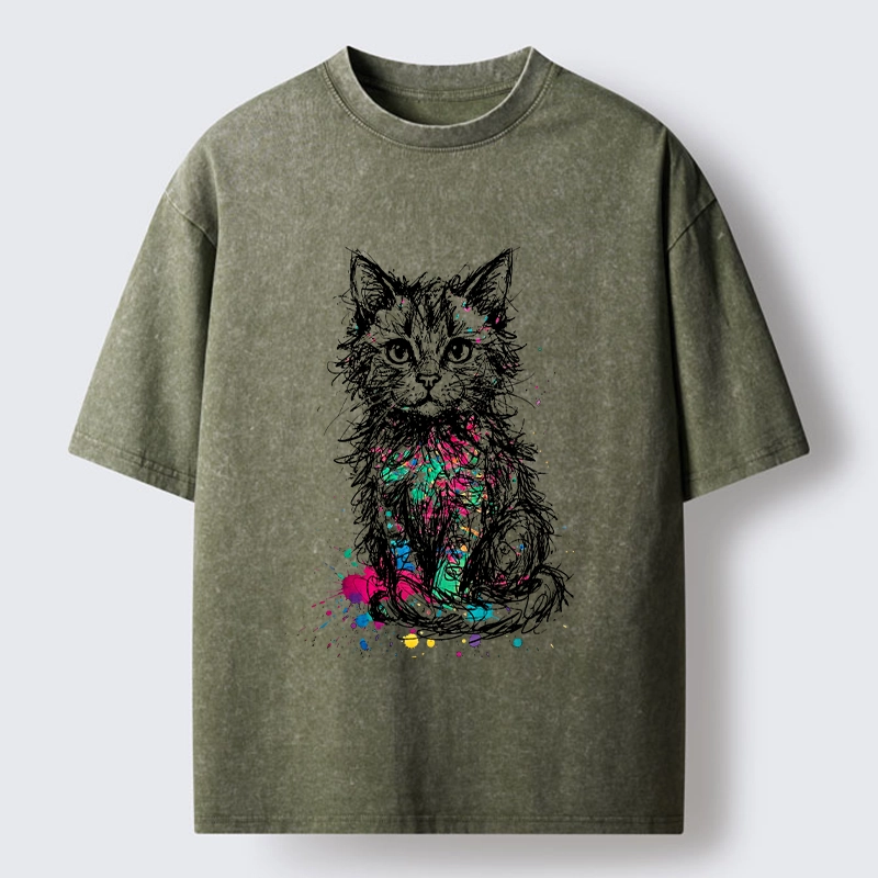 Tokyo-Tiger Splash Ink Art Cat Washed T-Shirt