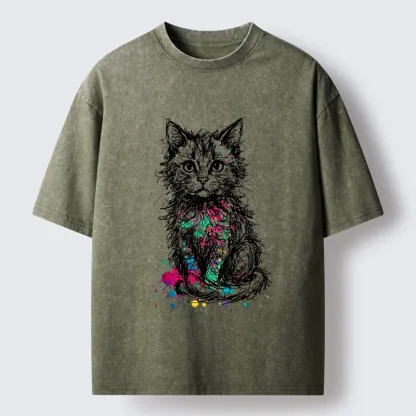 Tokyo-Tiger Splash Ink Art Cat Washed T-Shirt