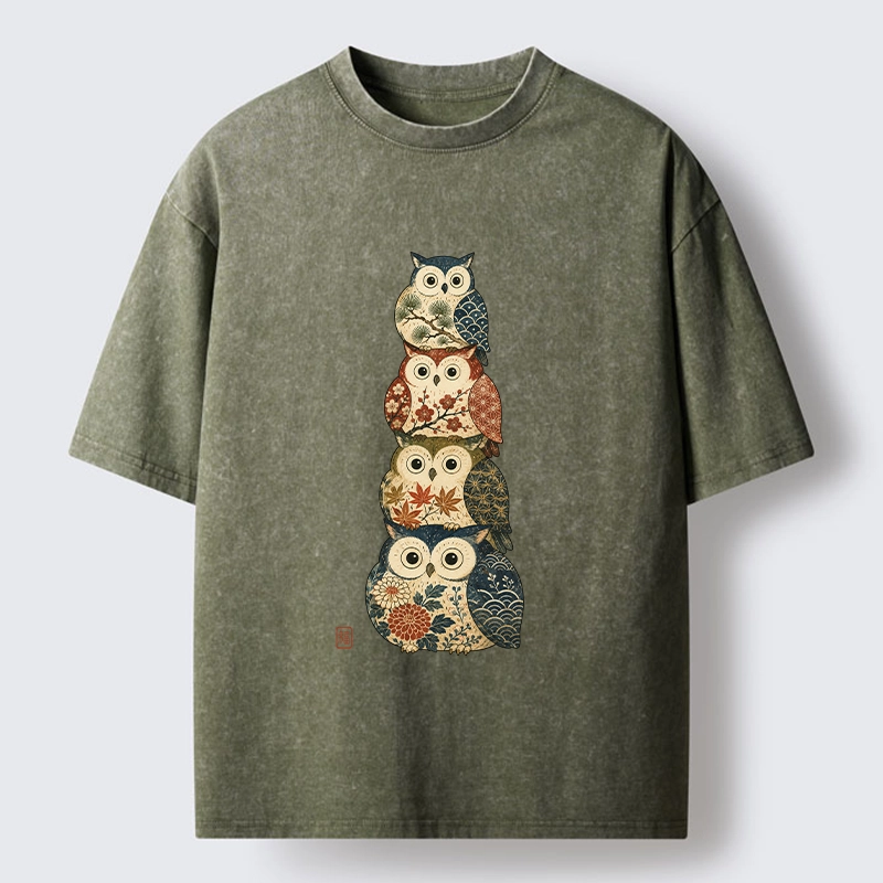 Tokyo-Tiger Stacked Floral Owls Washed T-Shirt