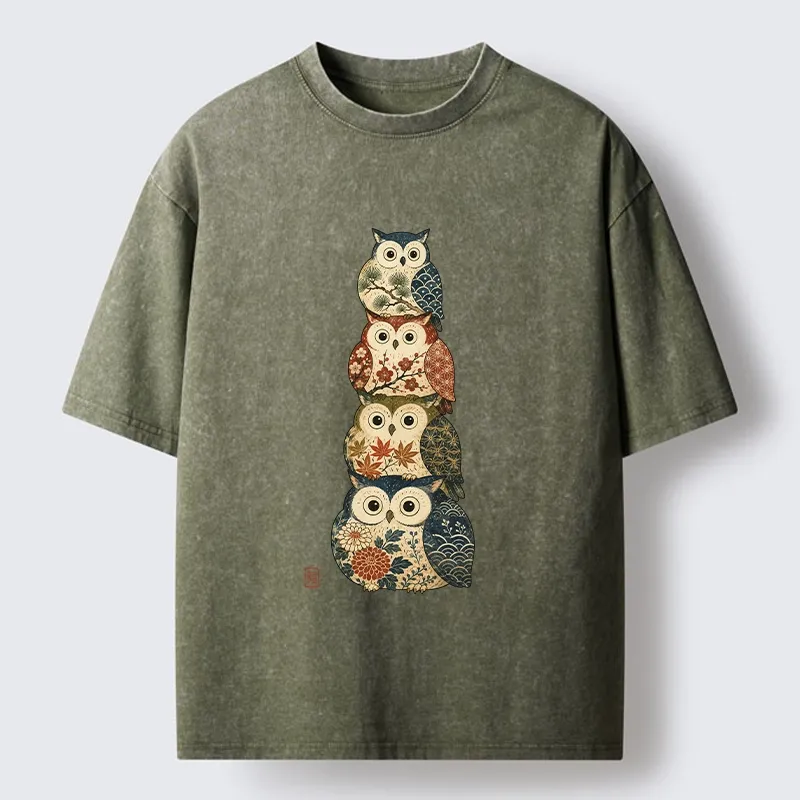 Tokyo-Tiger Stacked Floral Owls Washed T-Shirt
