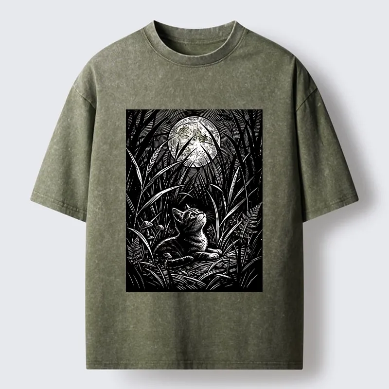 Tokyo-Tiger Woodcut Night Cat Print Washed T-Shirt