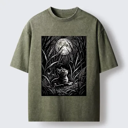 Tokyo-Tiger Woodcut Night Cat Print Washed T-Shirt