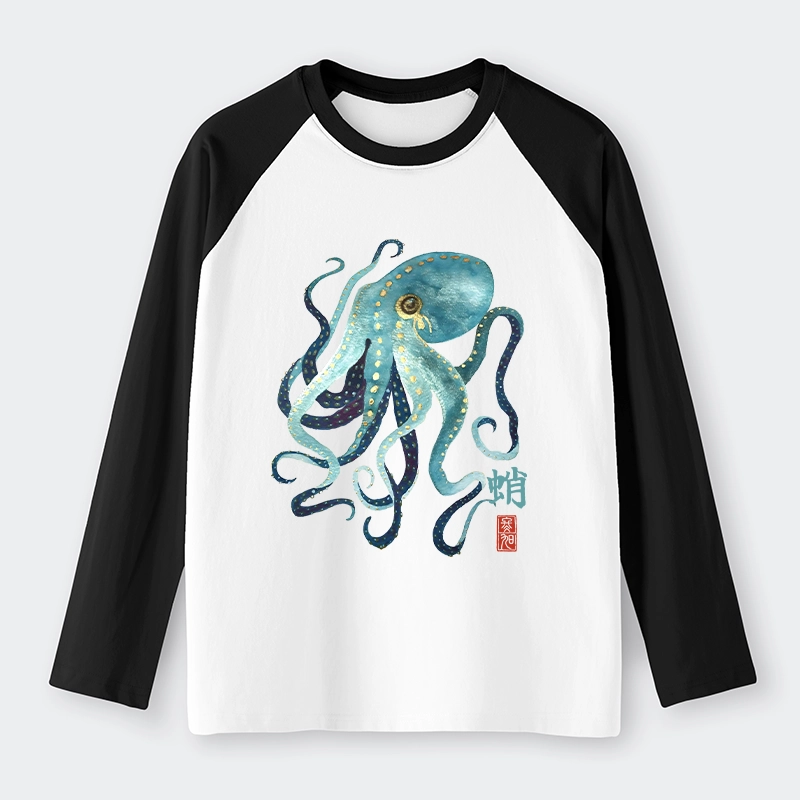 Tokyo-Tiger Soft Watercolor Octopus Japanese Art Raglan Long Sleeve T-shirt
