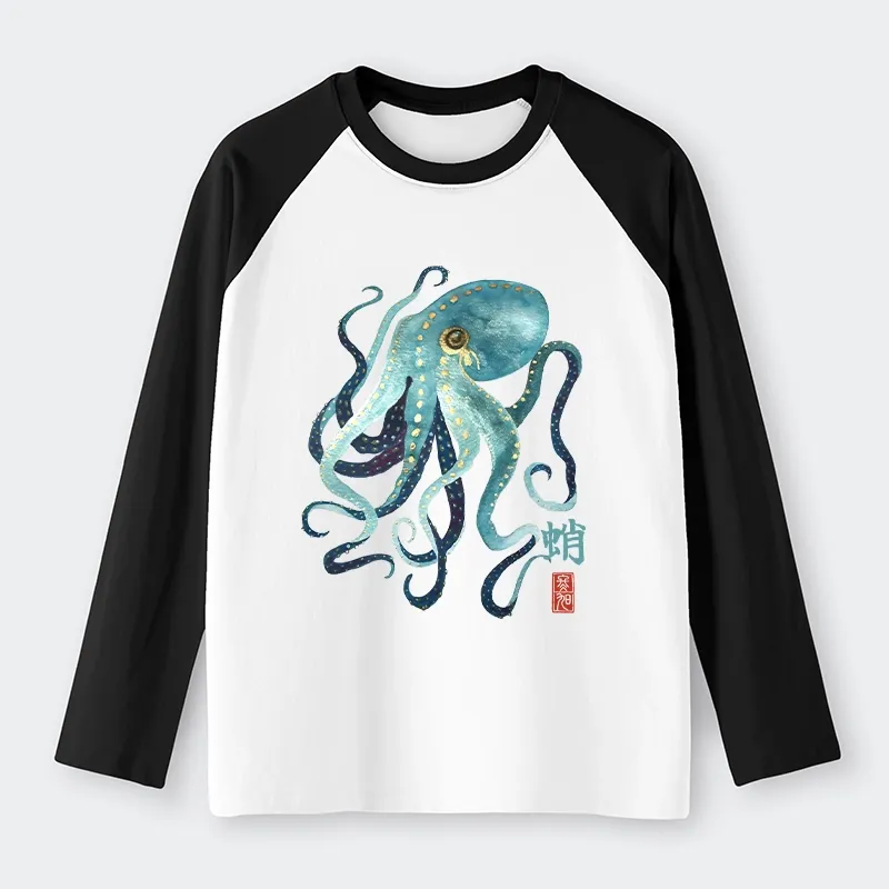 Tokyo-Tiger Soft Watercolor Octopus Japanese Art Raglan Long Sleeve T-shirt