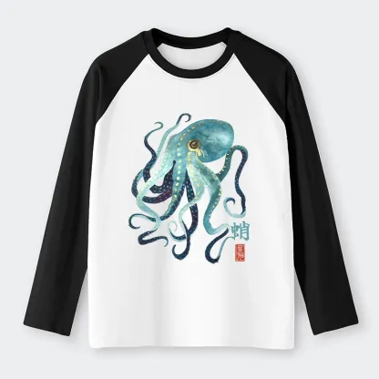 Tokyo-Tiger Soft Watercolor Octopus Japanese Art Raglan Long Sleeve T-shirt