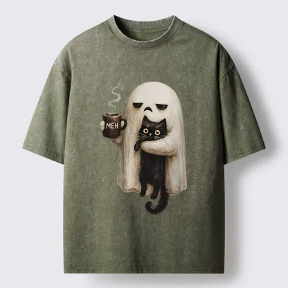 Tokyo-Tiger Ghost Cat Coffee Mood Washed T-Shirt